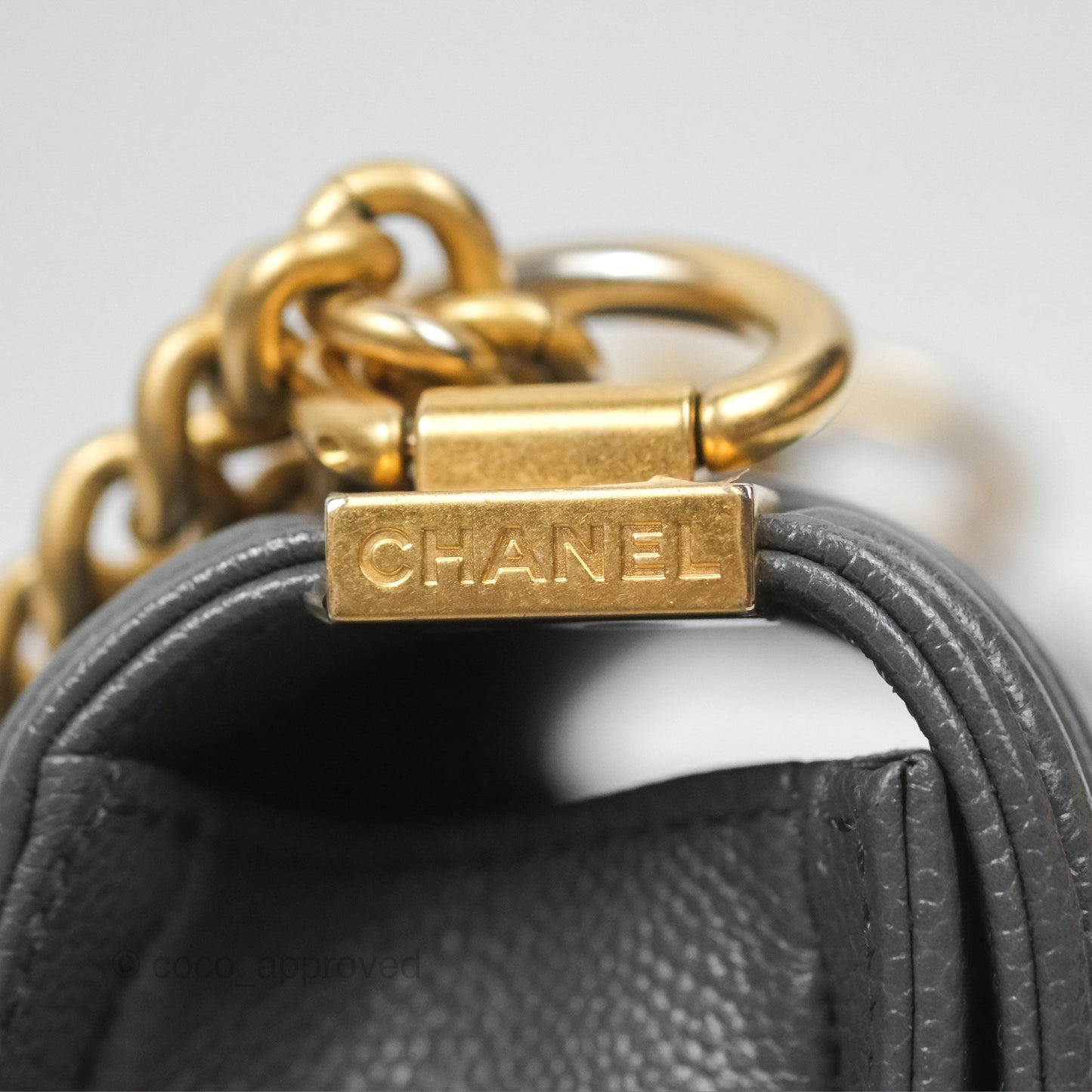 Chanel Boy Messenger Bag Grey Caviar Aged Gold Hardware