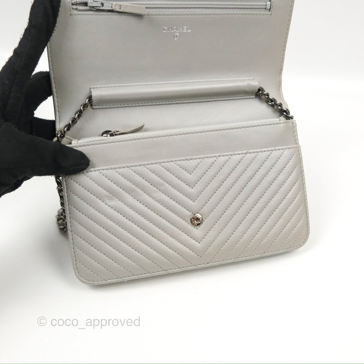 Chanel Chevron Boy Wallet on Chain WOC Grey Lambskin Gun Metal