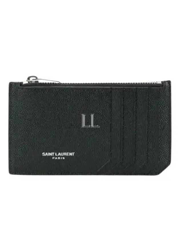 Luxury Saint Laurent Leather Zipper Classic Fragment Card Wallet Black