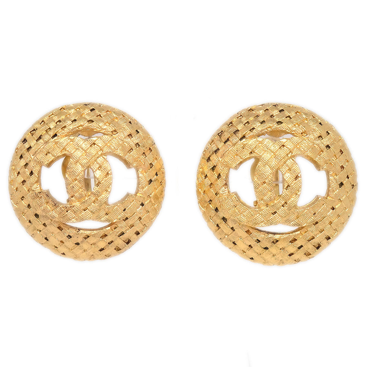 Luxury Chanel 1994 Woven CC Circle Earrings Clip-On Gold 2889