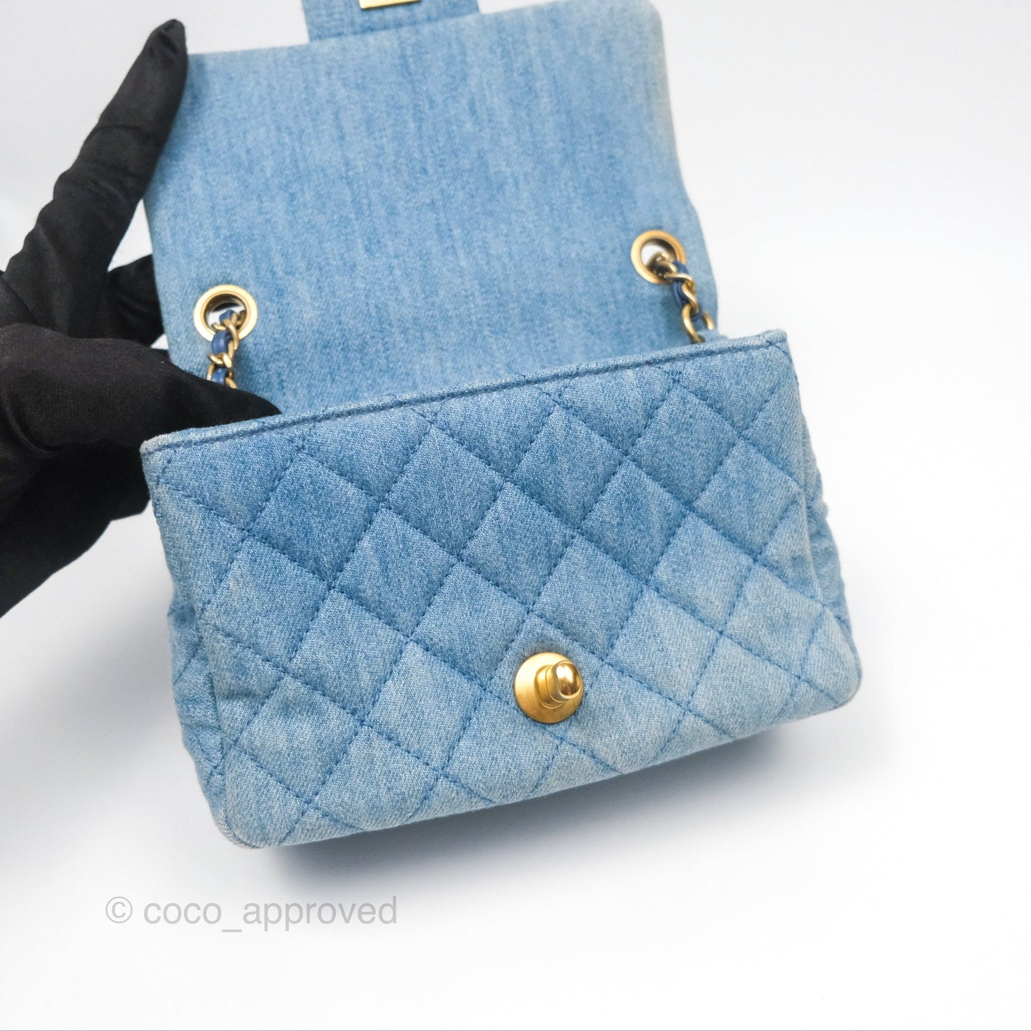 Chanel Mini Square Pearl Crush Quilted Denim Aged Gold Hardware
