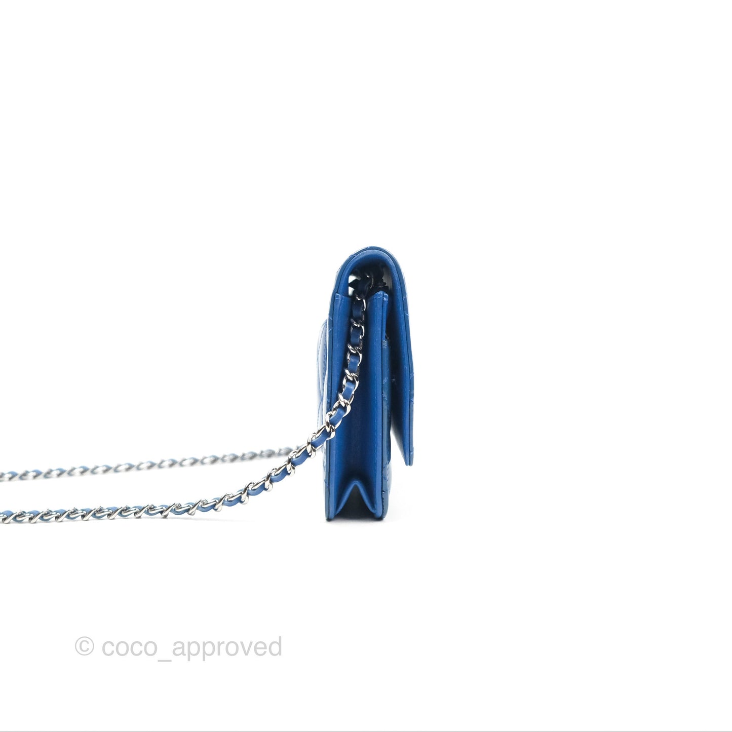 Chanel Quilted Classic Wallet on Chain WOC Blue Patent Silver Hardware