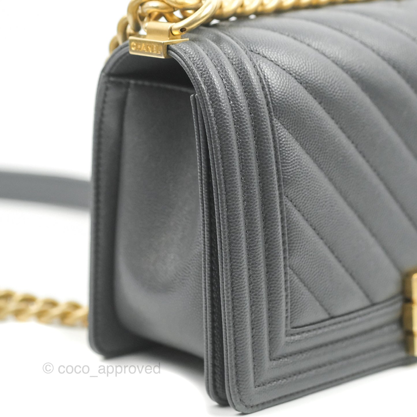 Chanel Chevron Medium Boy Dark Grey Caviar Aged Gold Hardware