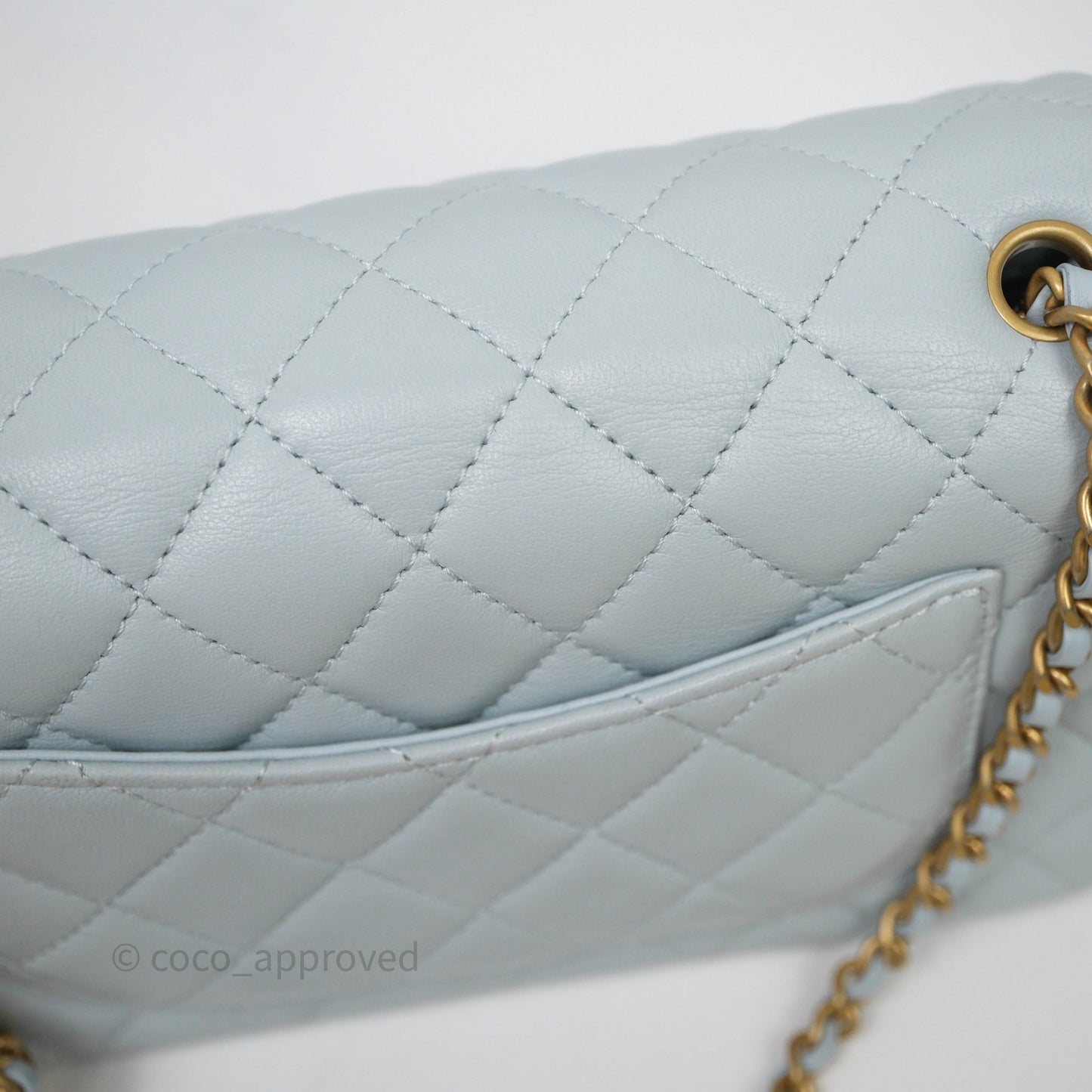 Chanel Pearl Crush Mini Rectangular Light Blue Lambskin Aged Gold Hardware