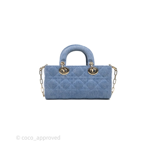 Christian Dior Small Lady D-Joy Bag Washed Blue Denim Cannage Gold Hardware