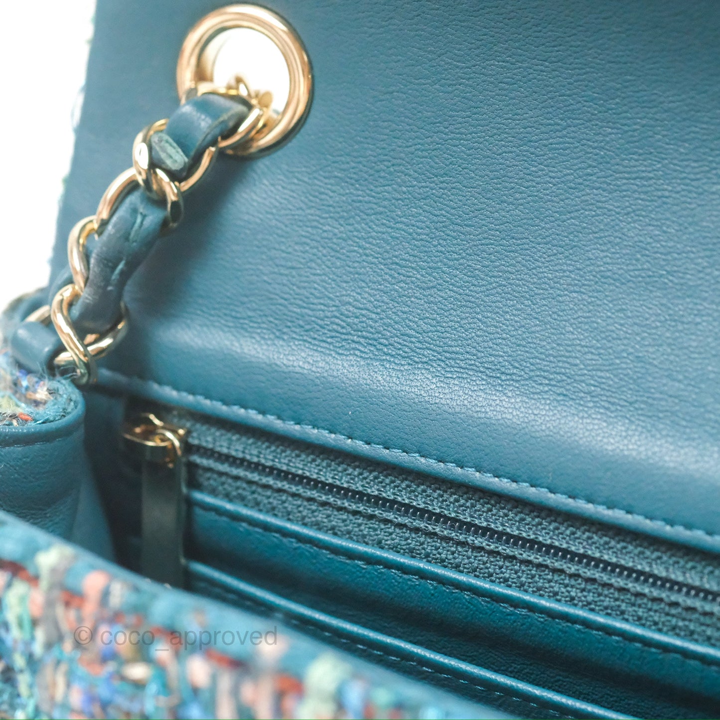 Chanel Mini Rectangular Flap Teal Tweed Gold Hardware