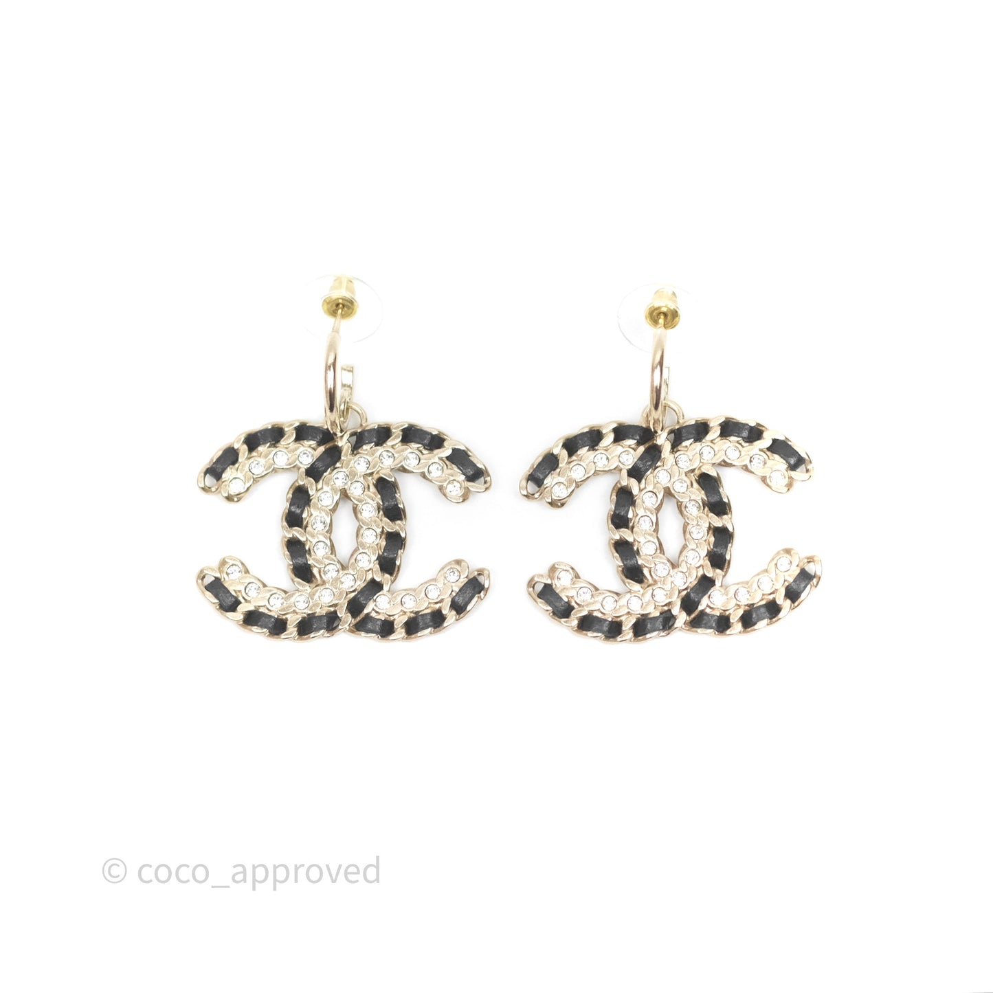 Chanel Crystal CC Braided Black Leather Drop Earrings Gold Hardware 20C