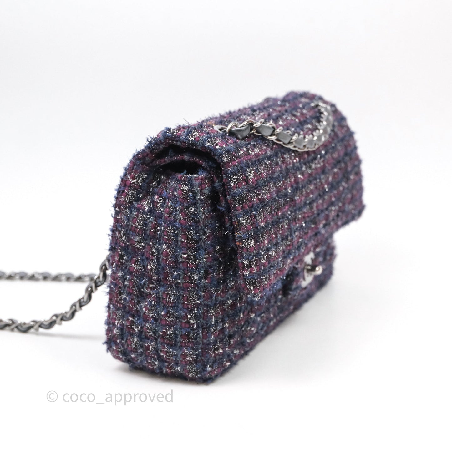 Chanel Classic M/L Medium Double Flap Purple Tweed Glitter Gun Metal