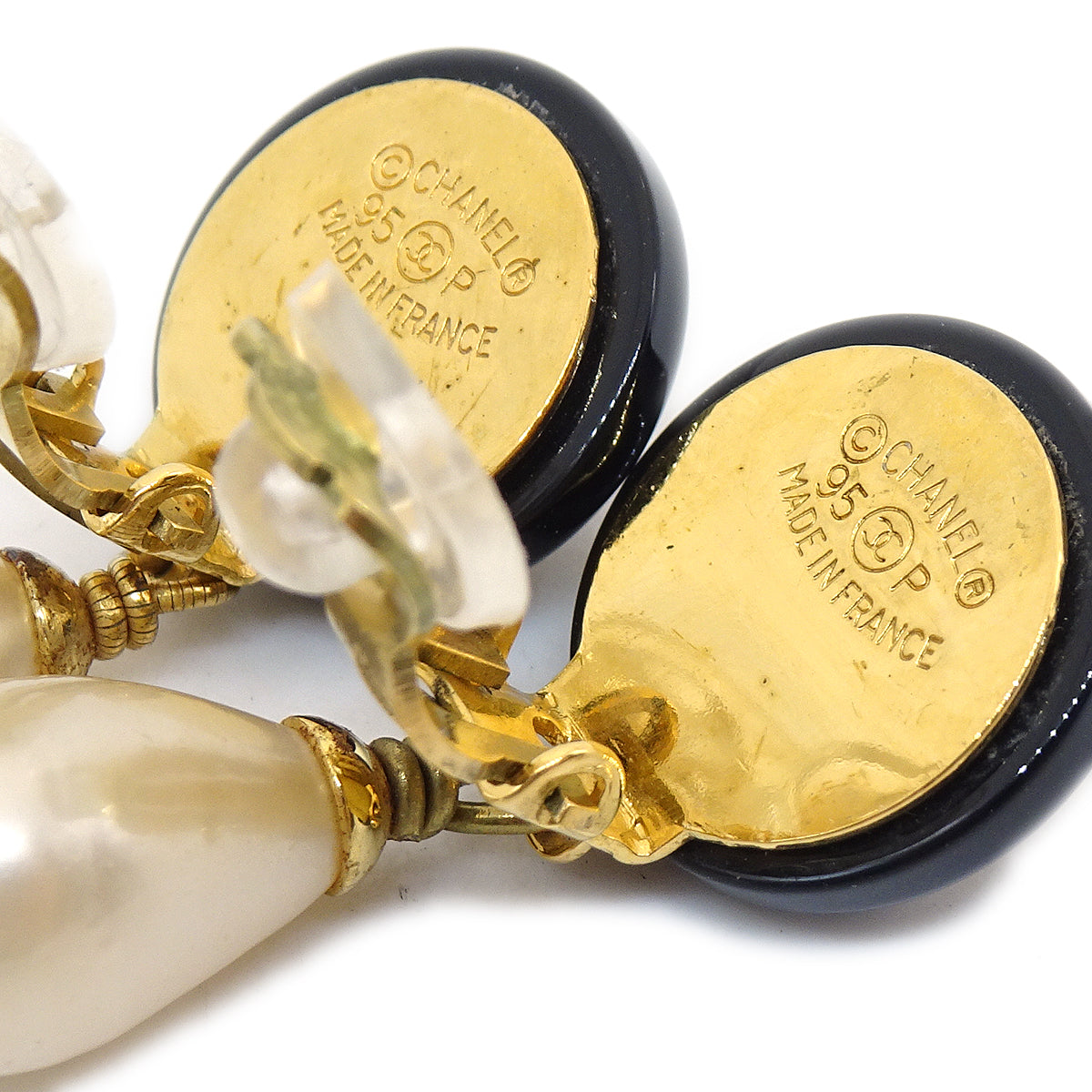 Luxury Chanel 1995 CC Black & Faux Teardrop Pearl Dangle Earrings