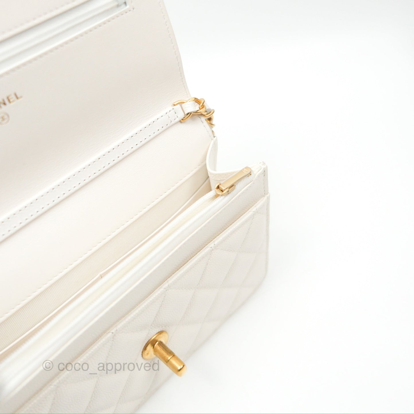 Chanel Wallet On Chain WOC Adjustable CC Chain Iridescent White Caviar Aged Gold Hardware