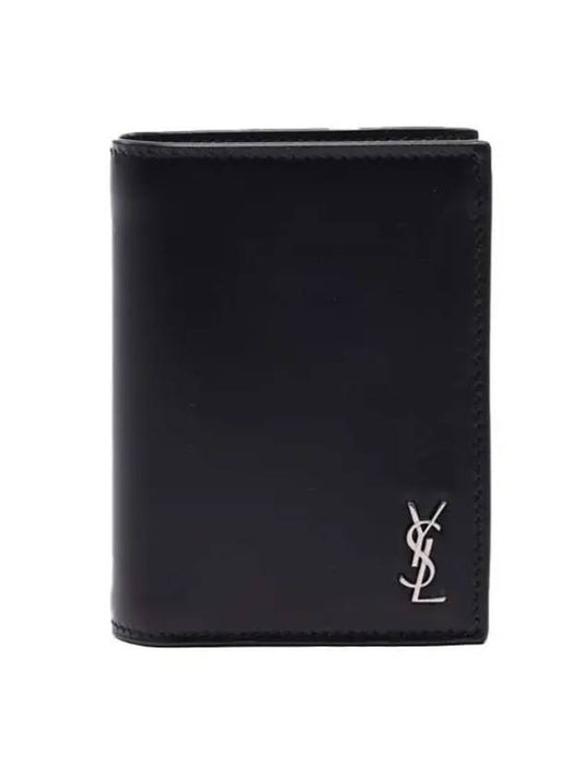 Luxury Saint Laurent Men's Tiny Monogram Logo Half Wallet Black