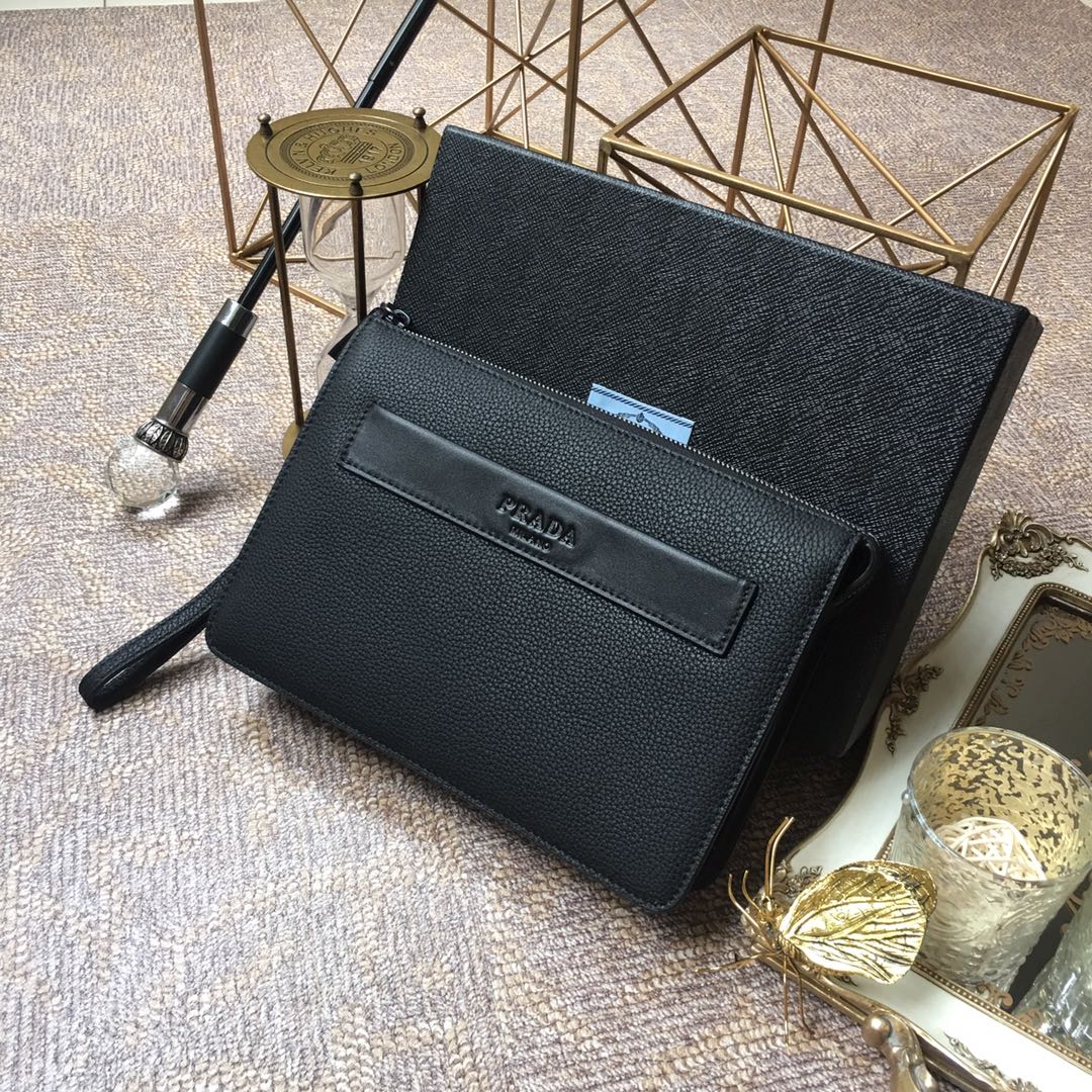 Luxury PradaCLUTCH 26 IN BLACK DEERSKIN EMBOSSED LOGO