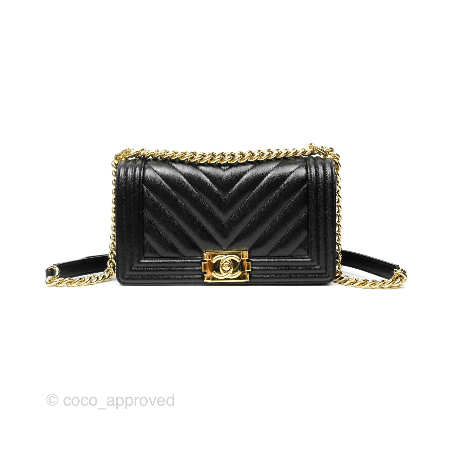 Chanel Medium Boy Chevron Black Caviar Gold Hardware
