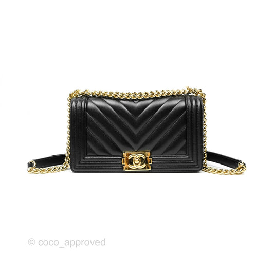 Chanel Medium Boy Chevron Black Caviar Gold Hardware
