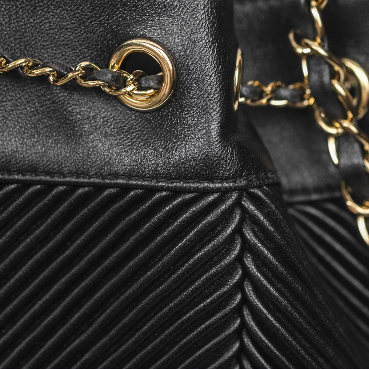 Chanel CC Chain Drawstring Bucket Bag Chevron Black Lambskin Gold Hardware