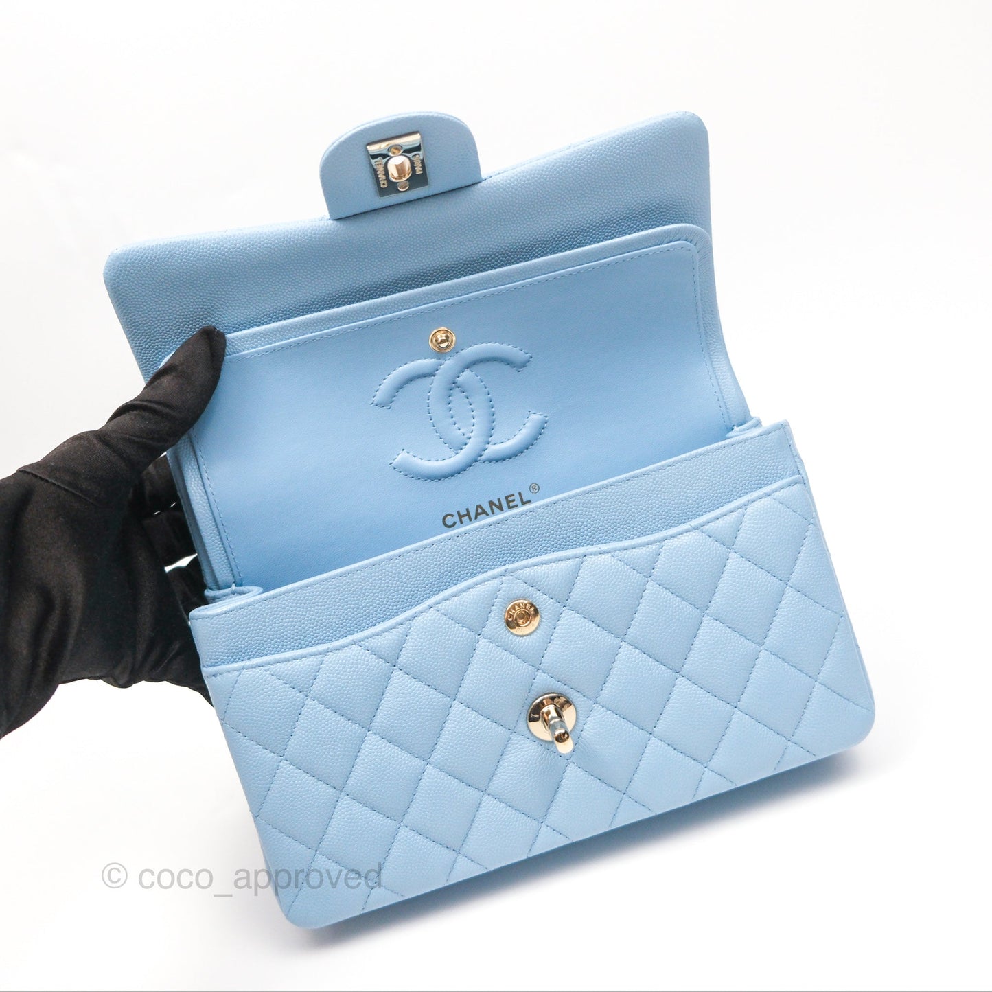 Chanel Small Classic Quilted Flap Light Blue Caviar Gold Hardware