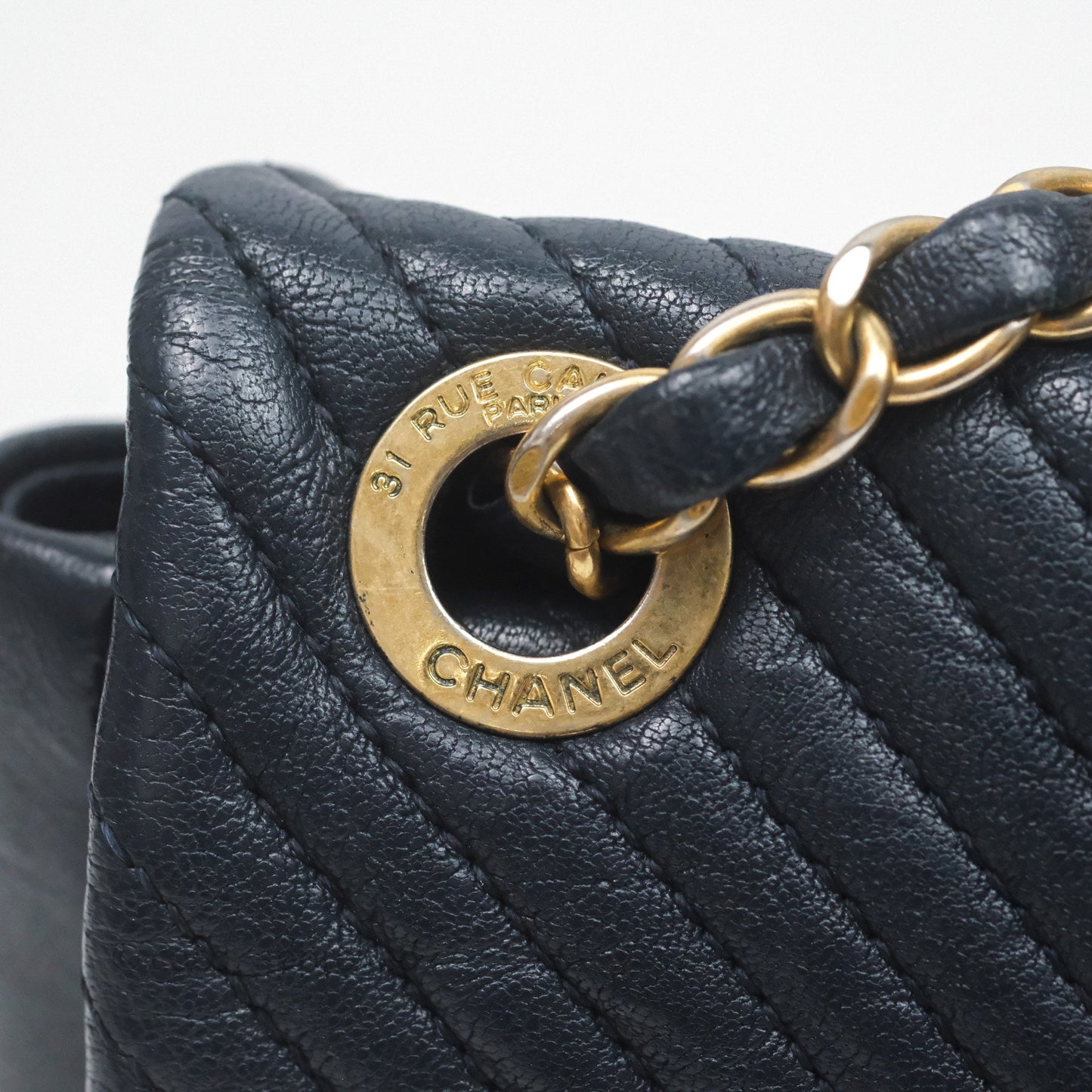 Chanel Medium Chevron Surpique Flap Navy Calfskin Aged Gold Hardware