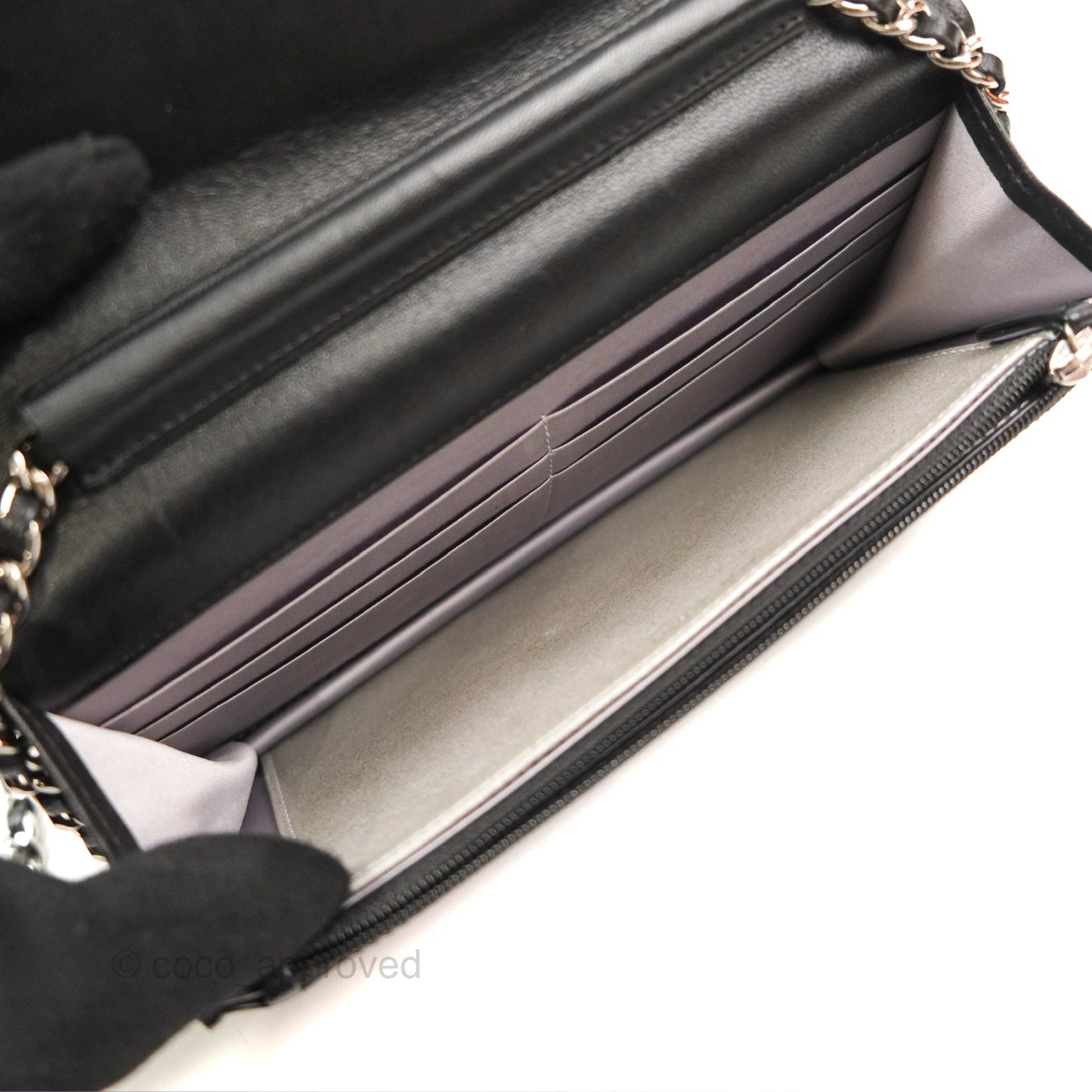 Chanel Camellia Embossed Wallet on Chain WOC Black Lambskin Silver Hardware