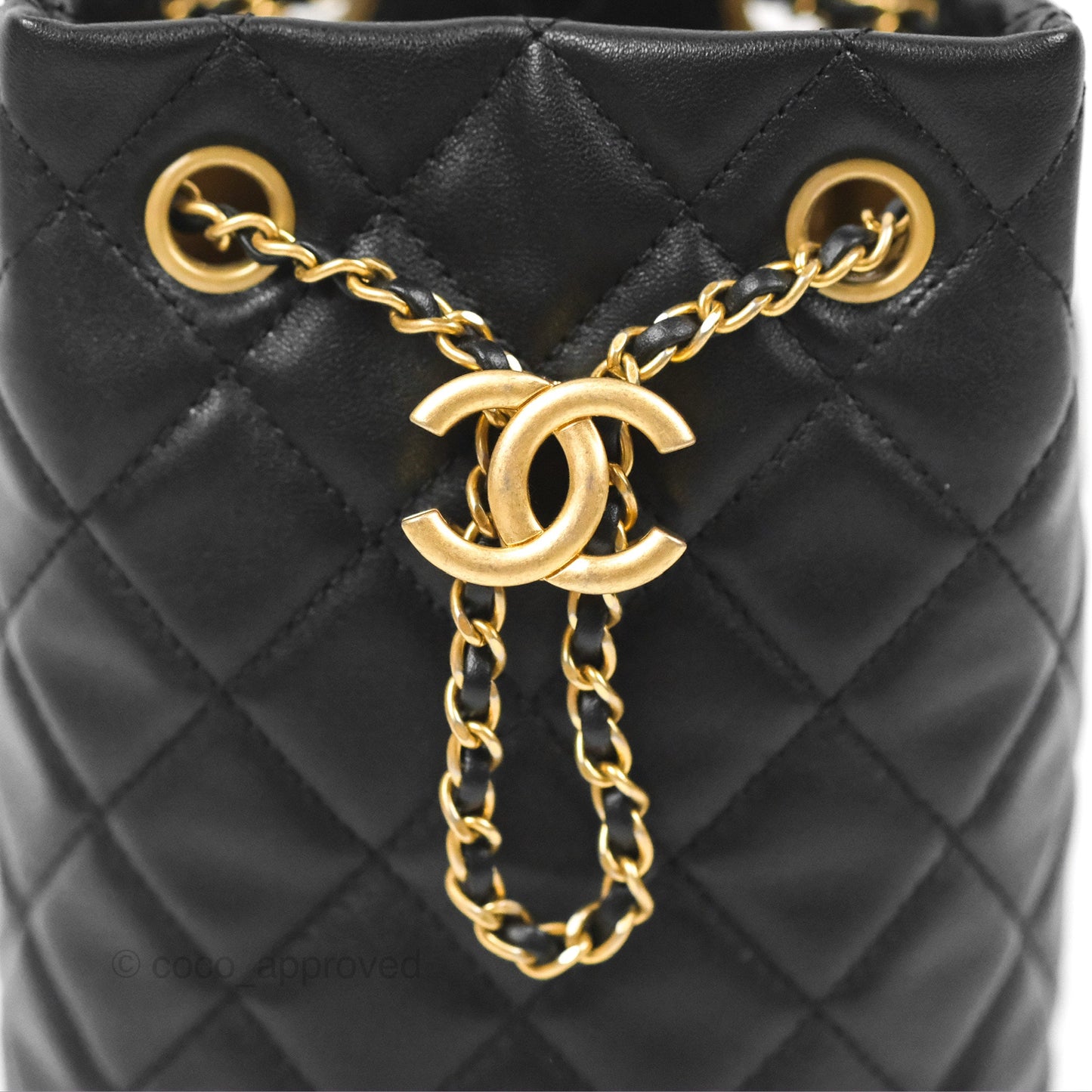 Chanel Pearl Crush Bucket Bag Black Lambskin Aged Gold Hardware