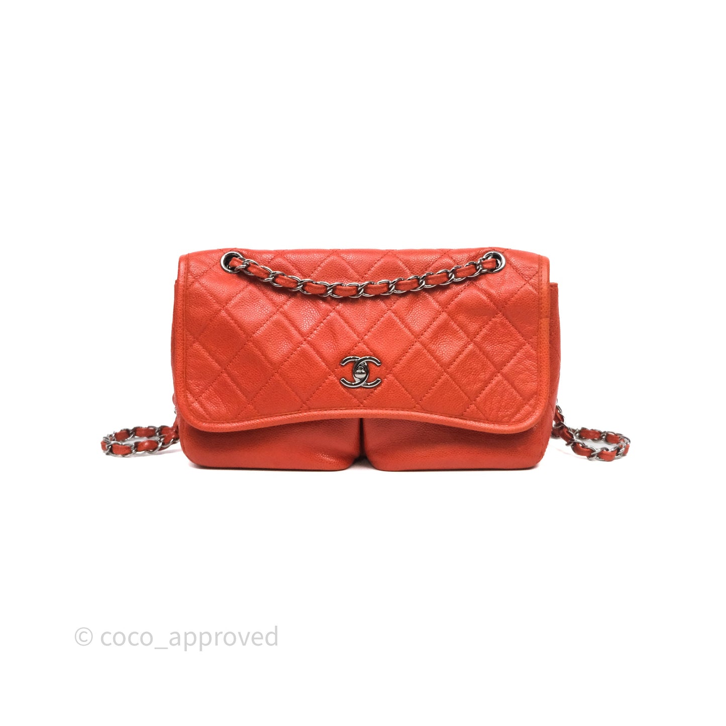 Chanel Flap Bag Caviar Orange Silver Hardware