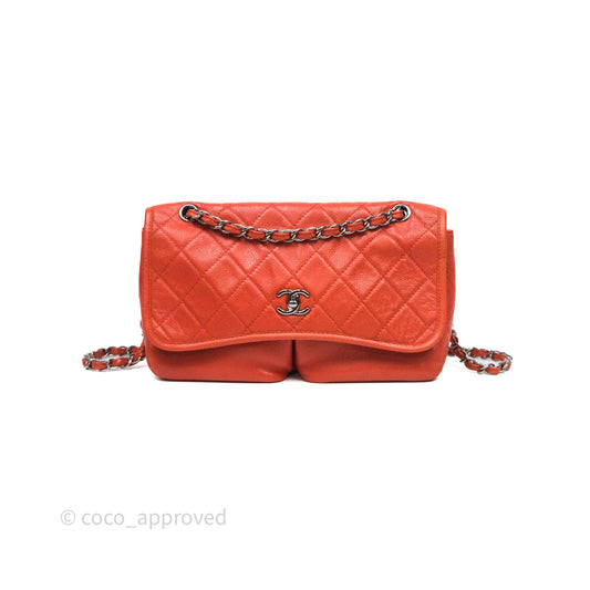 Chanel Flap Bag Caviar Orange Silver Hardware
