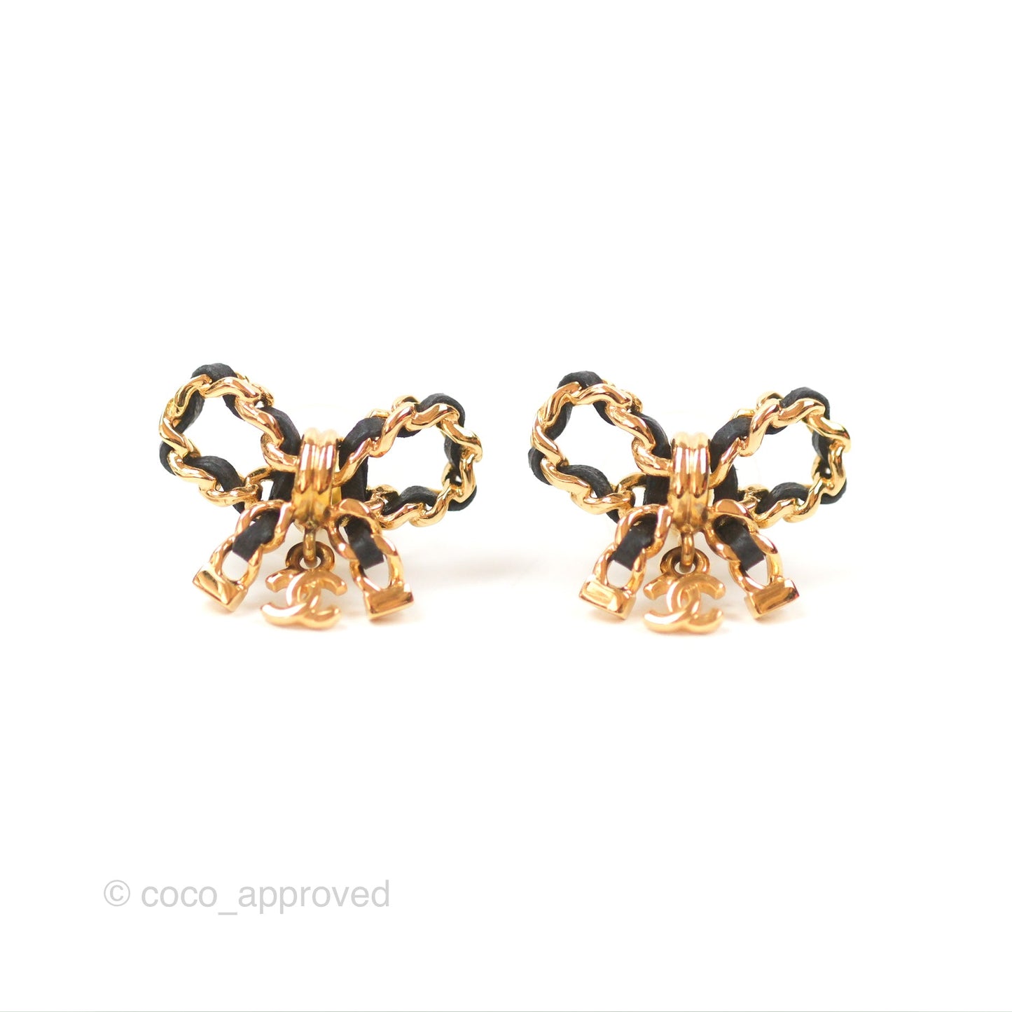 Chanel Woven Ribbon Bow Black Earrings Gold Tone 23V