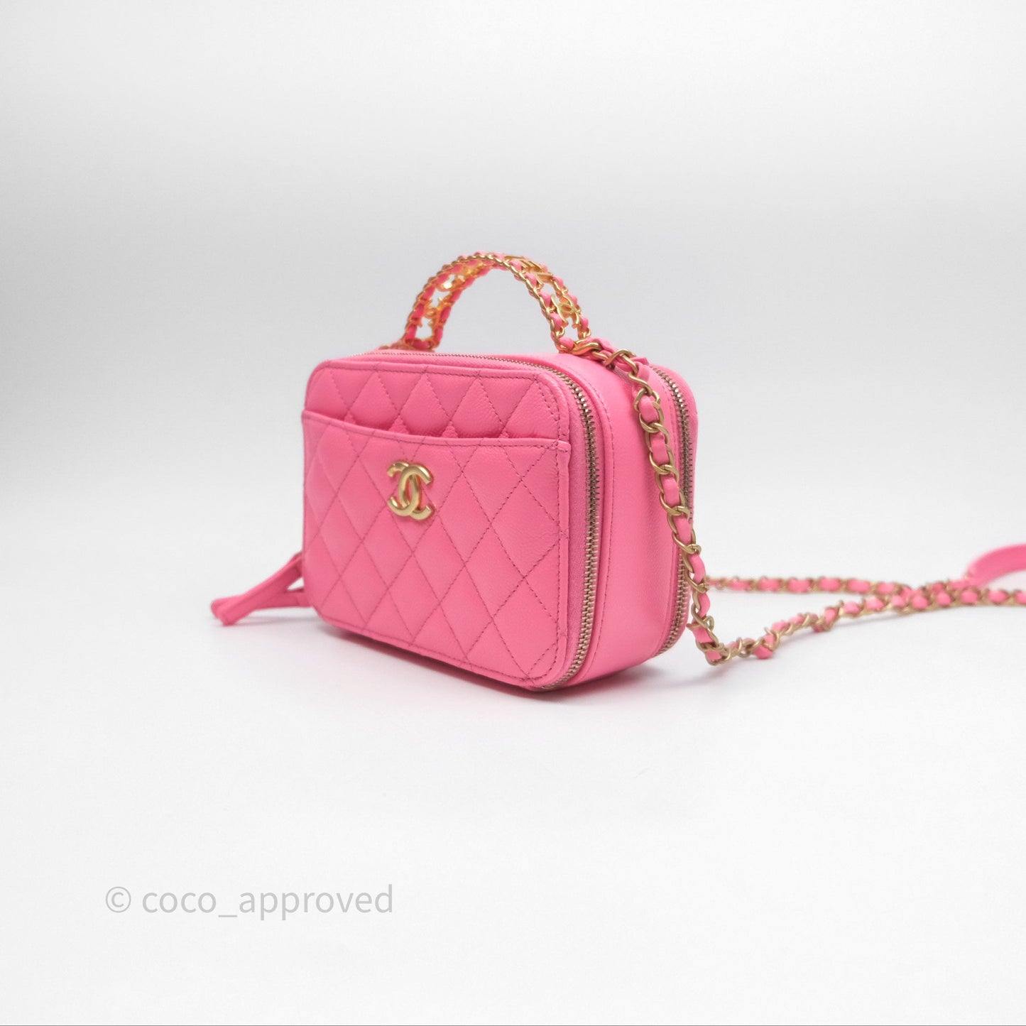 Chanel Quilted Pick Me Up Small Vanity Case Hot Pink Caviar Aged Gold Hardware
