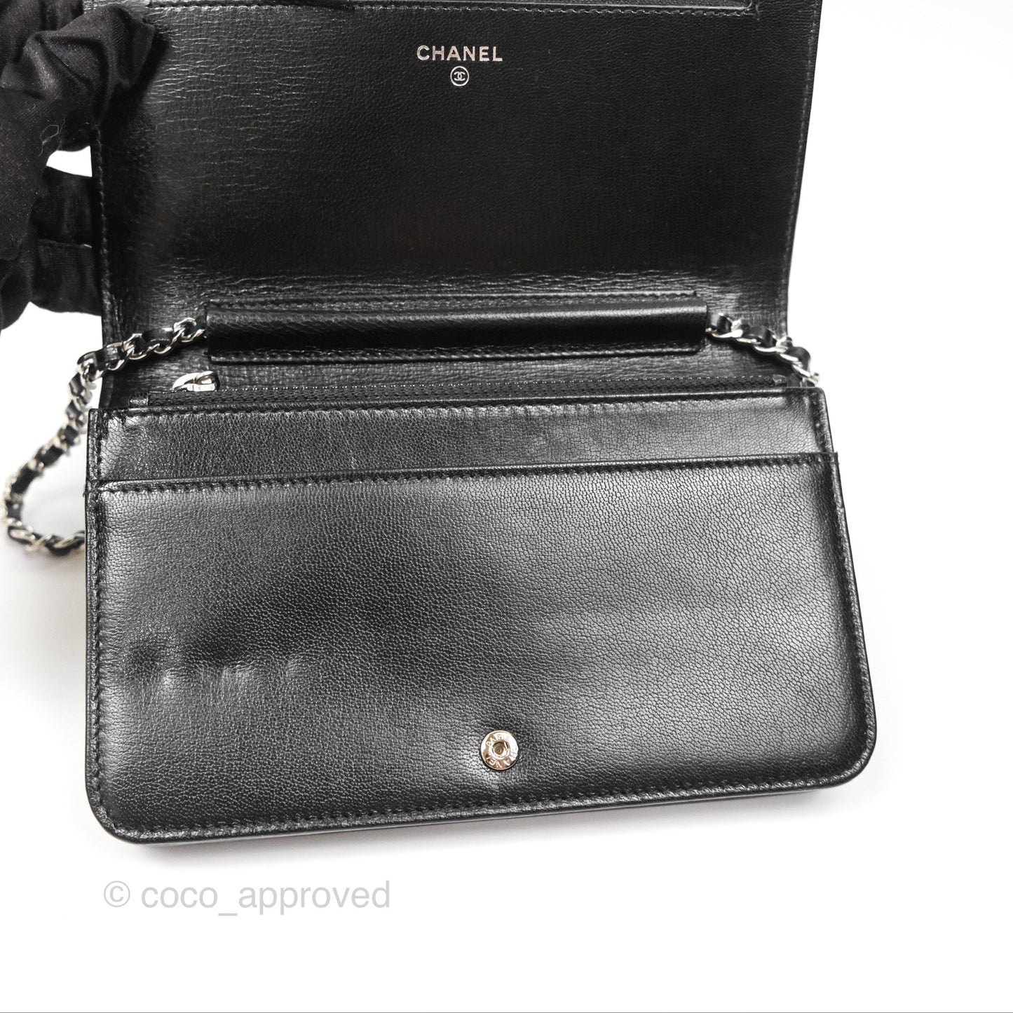 Chanel Diamond CC Wallet On Chain WOC Black Goatskin Silver Hardware