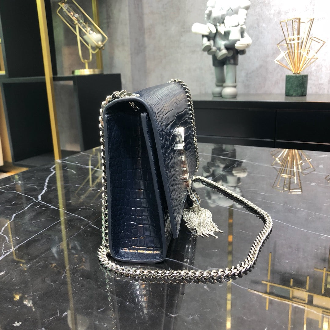 Luxury Saint Laurent KATE TASSEL 24 IN NAVY BLUE CROCODILE PATTERN CALFSKIN SILVER HARDWARE