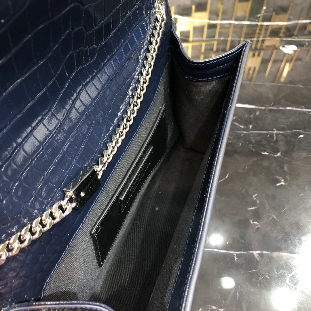 Luxury Saint Laurent KATE TASSEL 24 IN NAVY BLUE CROCODILE PATTERN CALFSKIN SILVER HARDWARE