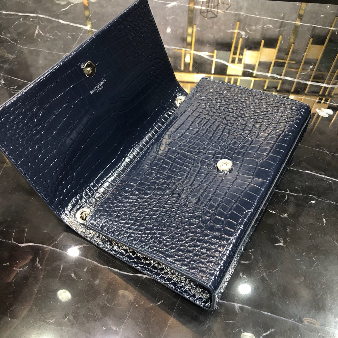 Luxury Saint Laurent KATE TASSEL 24 IN NAVY BLUE CROCODILE PATTERN CALFSKIN SILVER HARDWARE