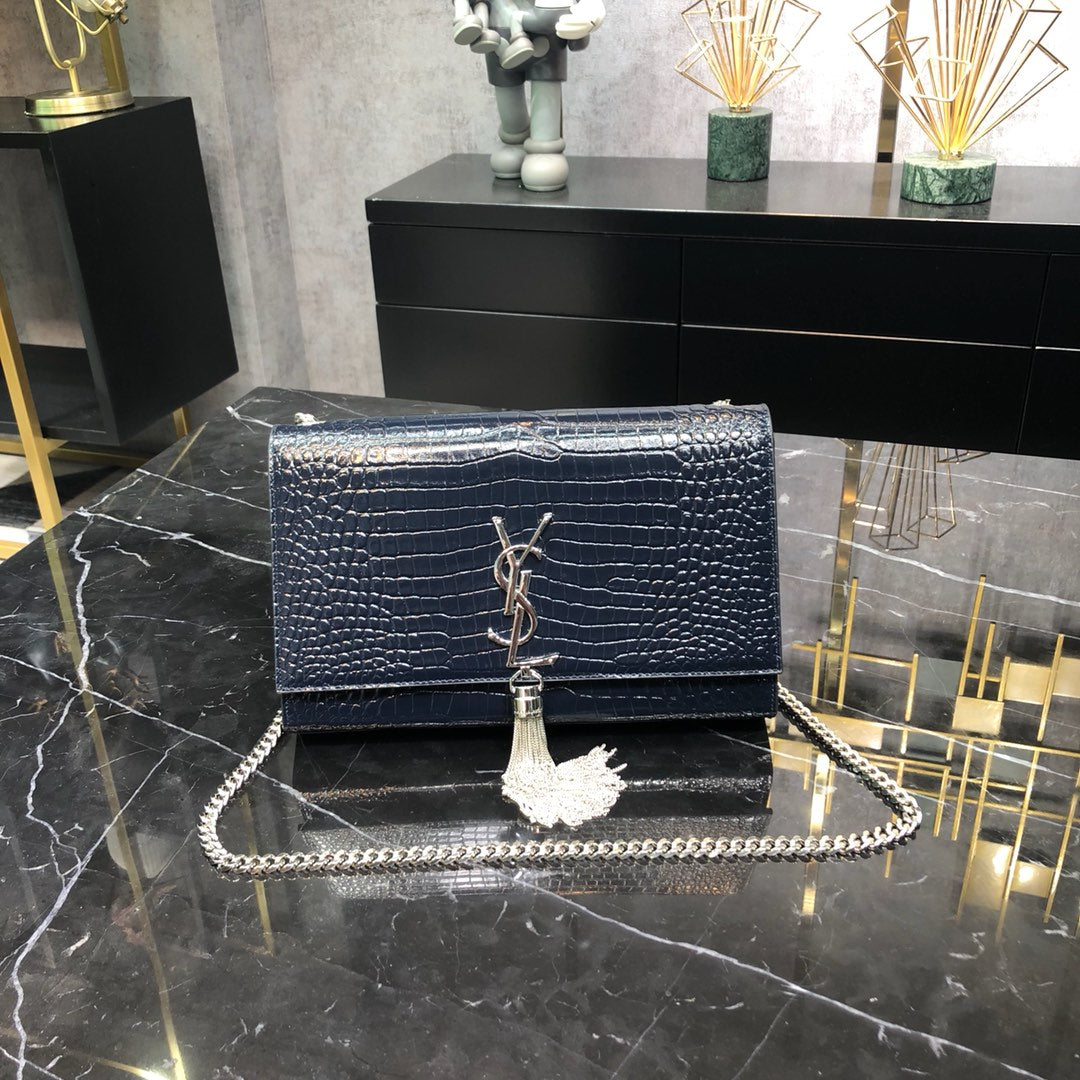 Luxury Saint Laurent KATE TASSEL 24 IN NAVY BLUE CROCODILE PATTERN CALFSKIN SILVER HARDWARE