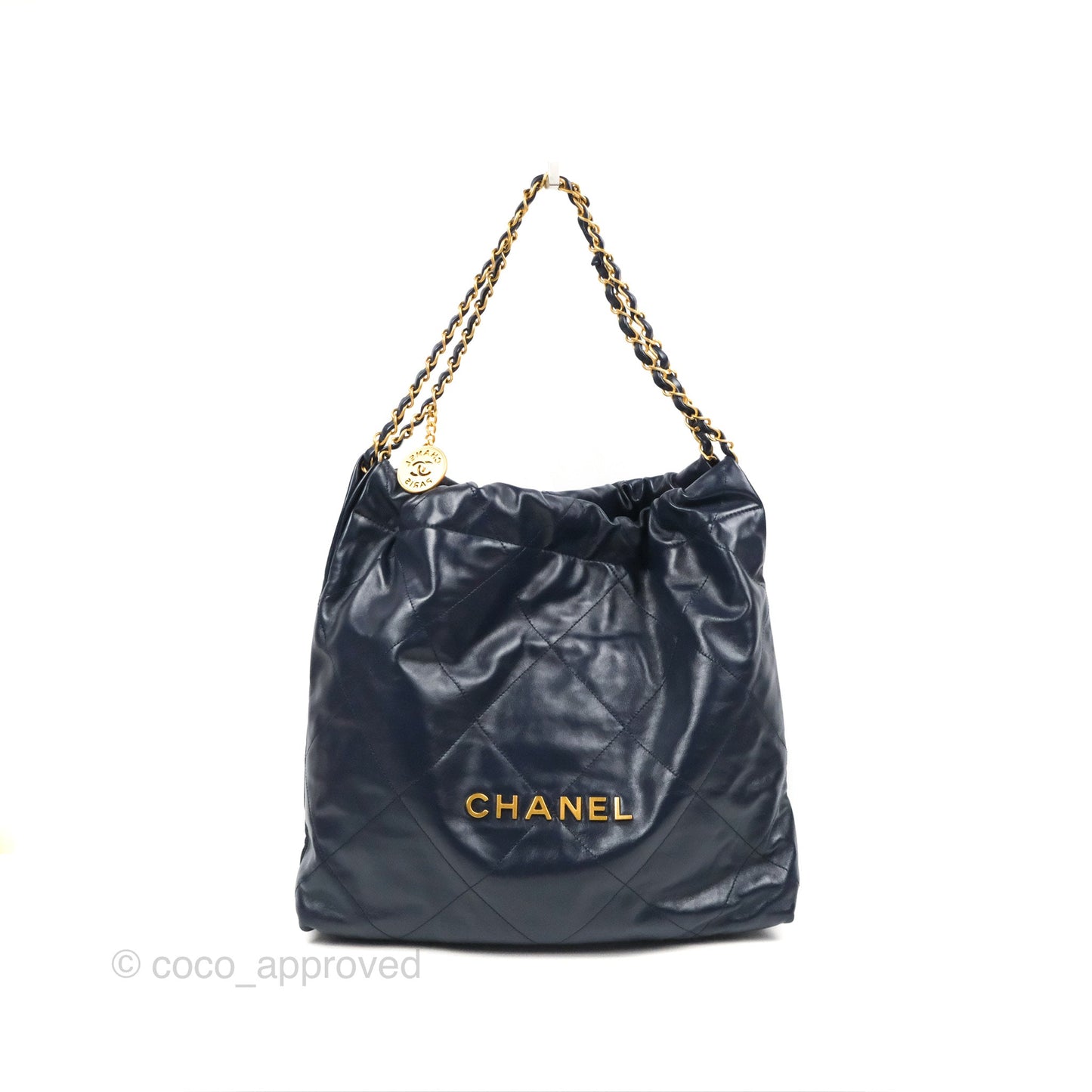 Chanel 22 Medium Navy Shiny Calfskin Aged Gold Hardware