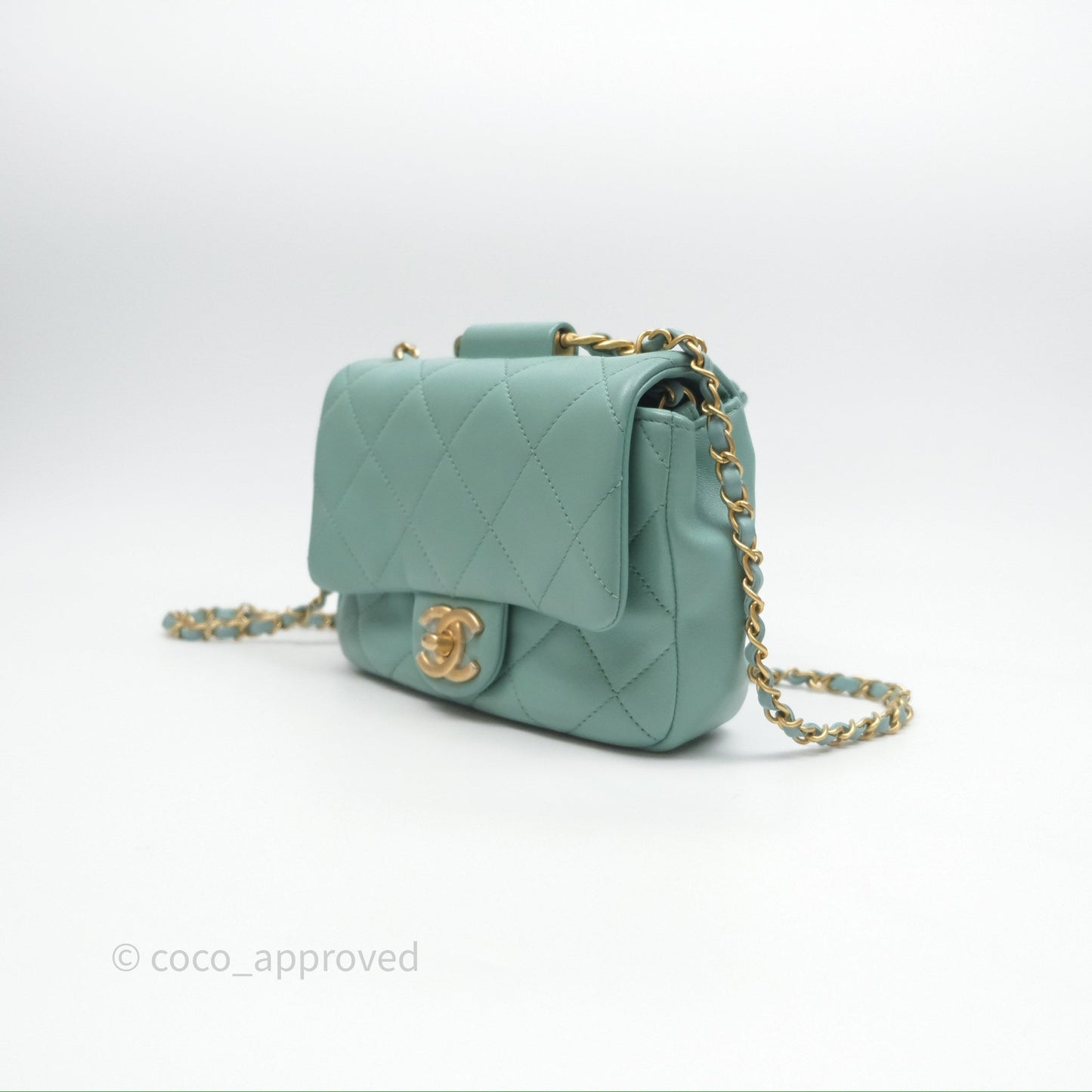 Chanel Quilted Small Circular Handle Bag Mint Green Aged Gold Hardware