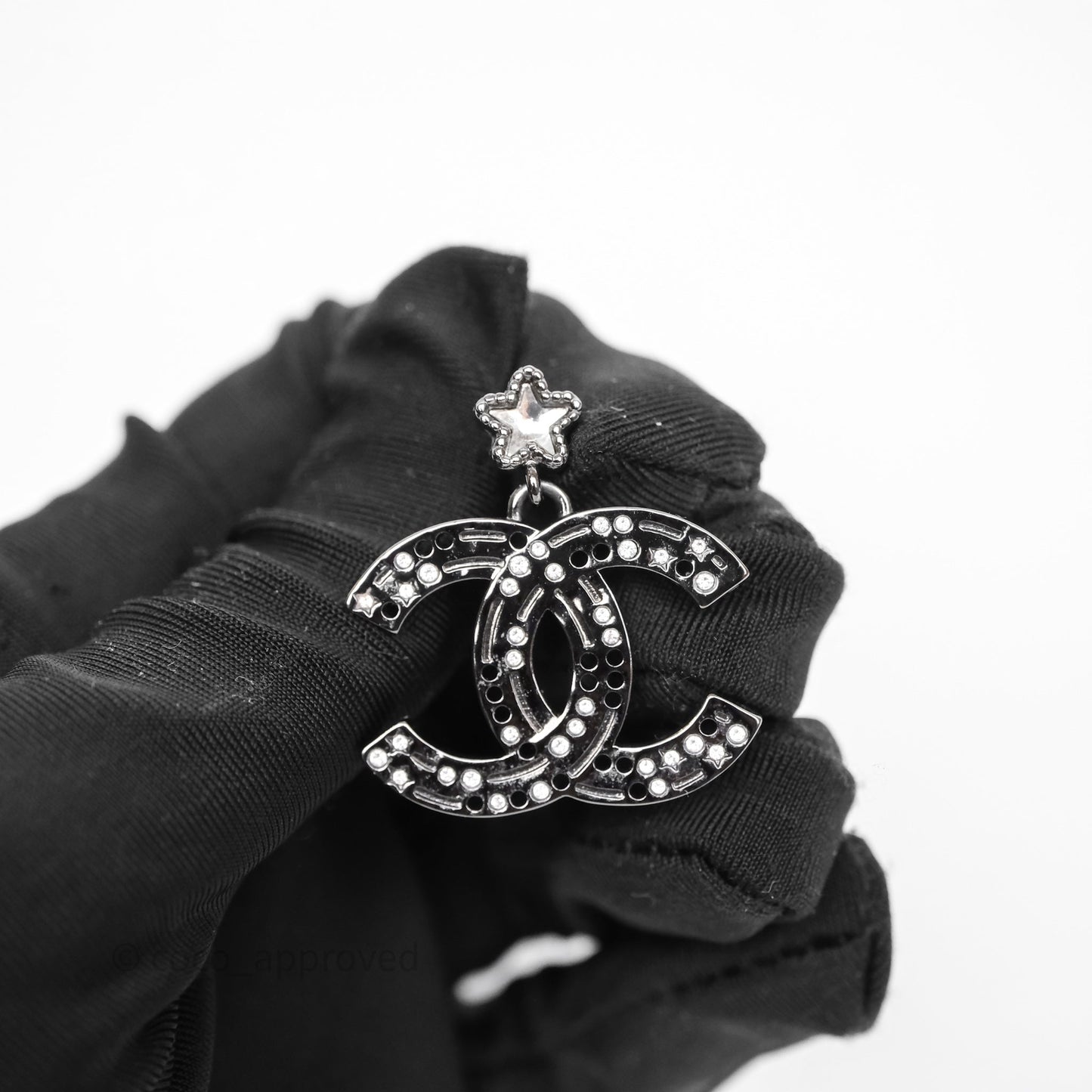 Chanel Gunmetal Star Crystal CC Dangle Earrings 24K