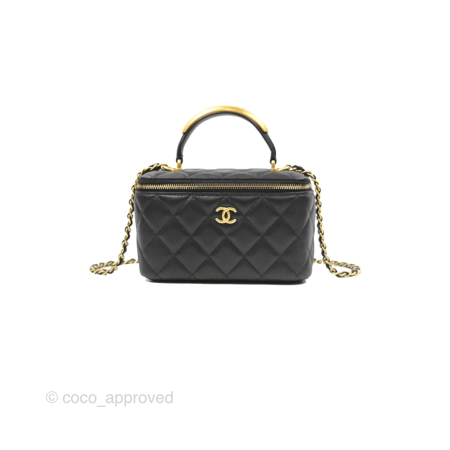 Chanel Vanity Rectangular Metal Top Handle Black Lambskin Aged Gold Hardware 22B