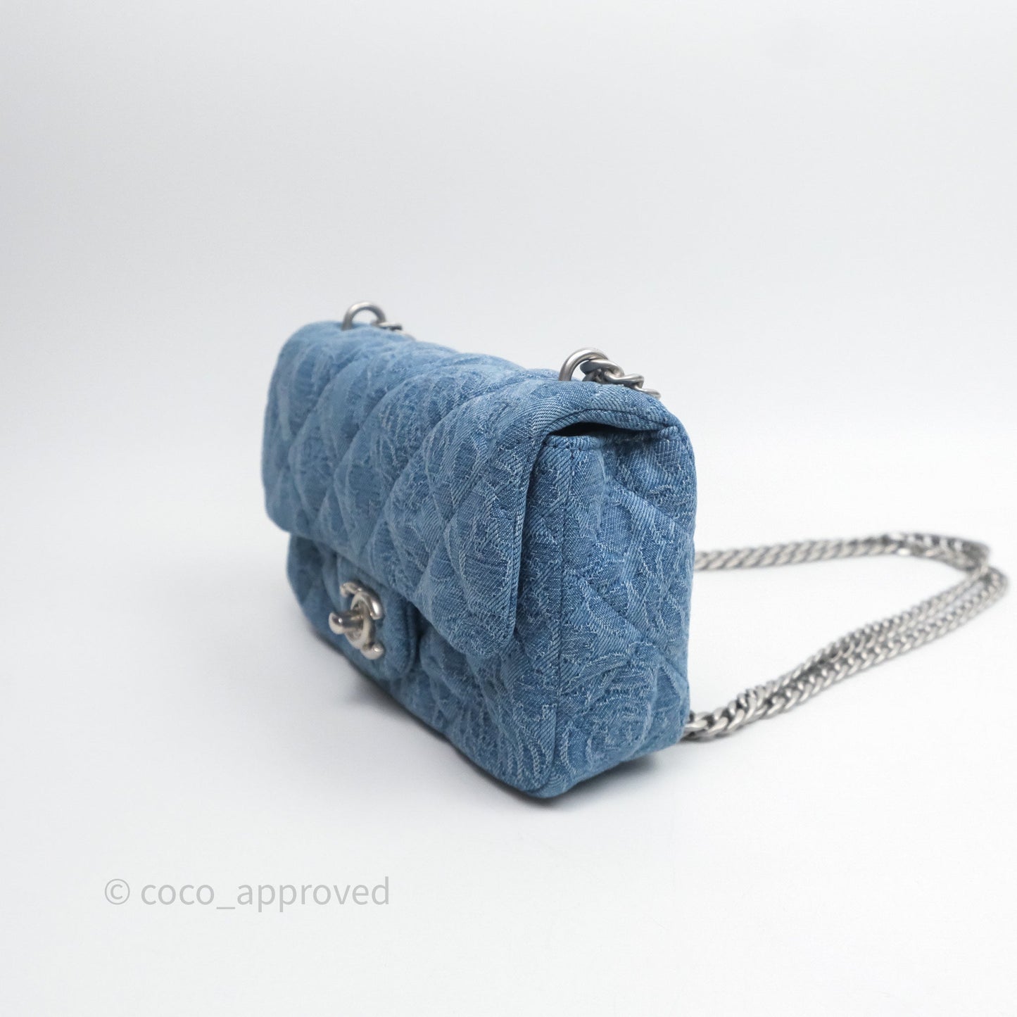 Chanel Quilted Camellia Printed Heart Crush Mini Flap Bag Blue Denim Aged Silver Hardware