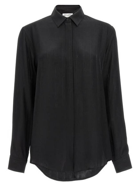 Luxury Saint Laurent Striped Button Silk Shirt Black