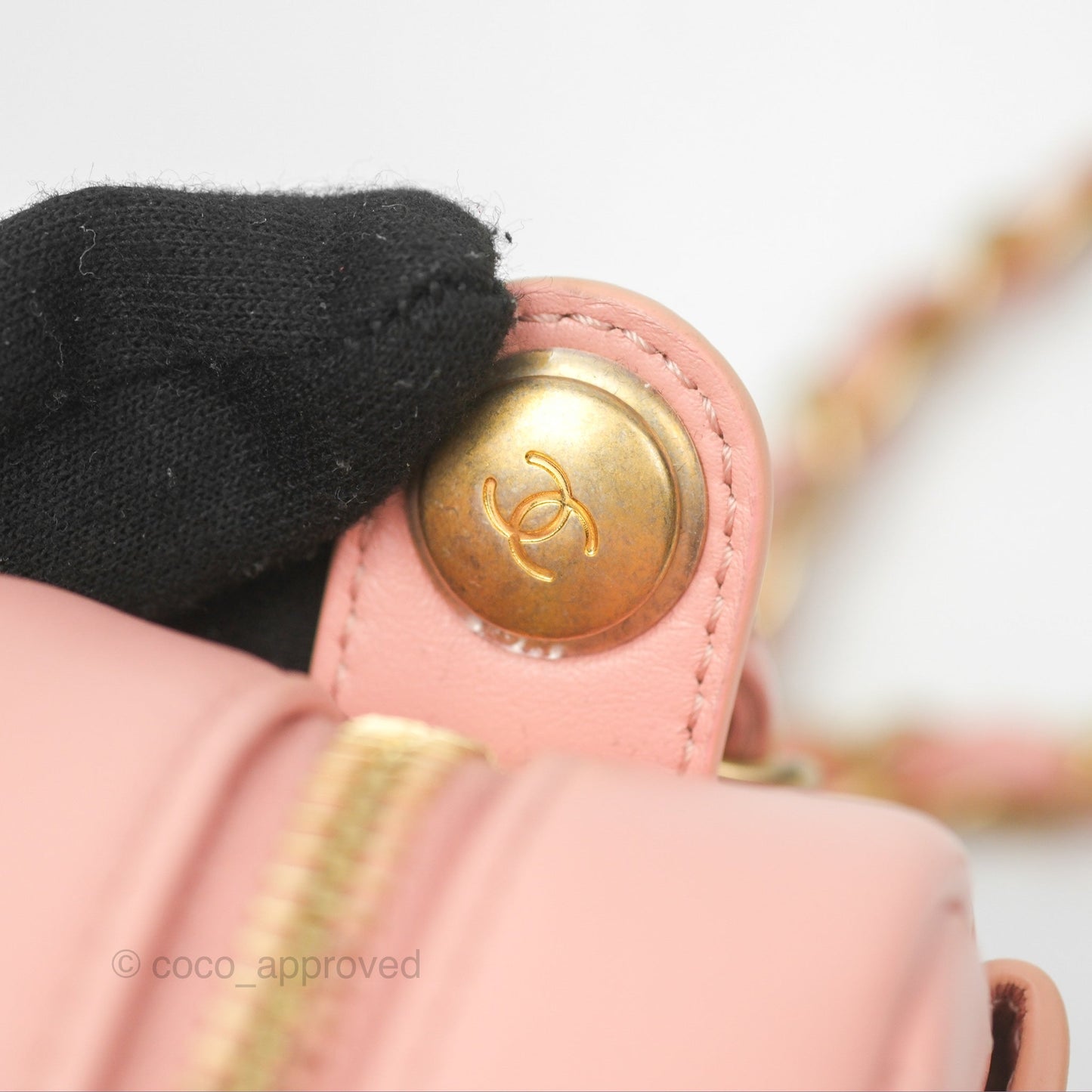 Chanel Logo Enchained Camera Bag Pink Calfskin Aged Gold Hardware