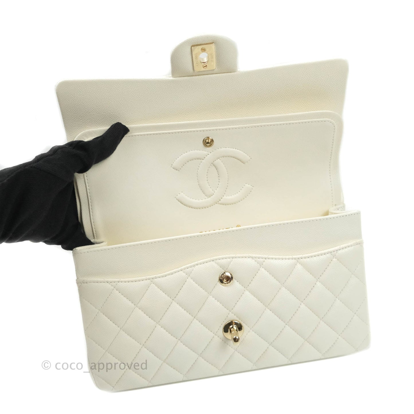 Chanel Classic M/L Medium Double Flap Ivory White Caviar Gold Hardware
