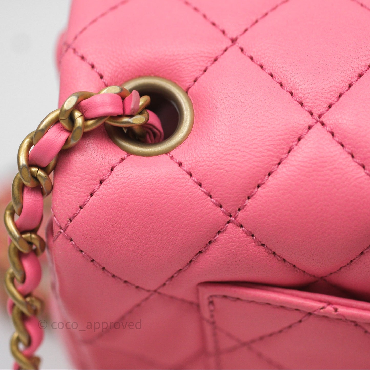 Chanel Mini Rectangular Pearl Crush Quilted Pink Lambskin Aged Gold Hardware
