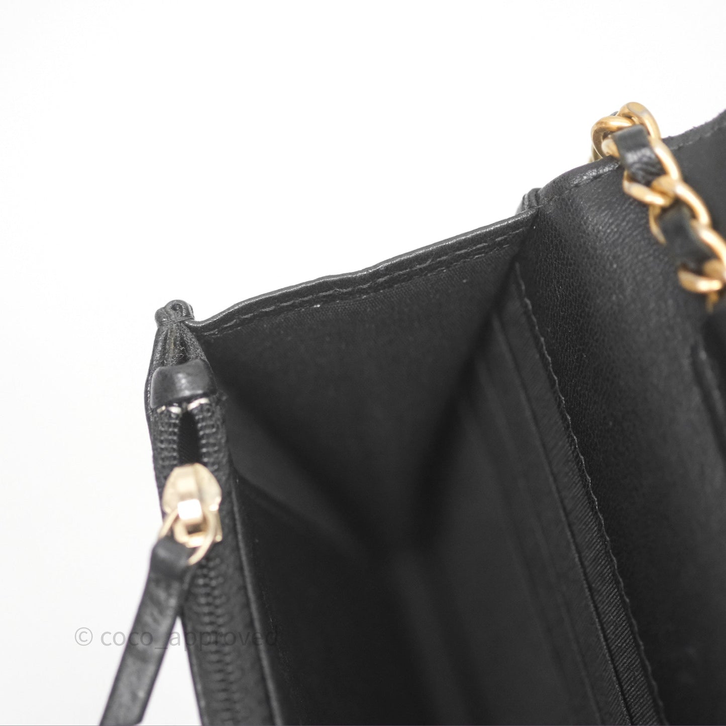Chanel Reversed Chevron Wallet On Chain WOC Black Lambskin Aged Gold Hardware