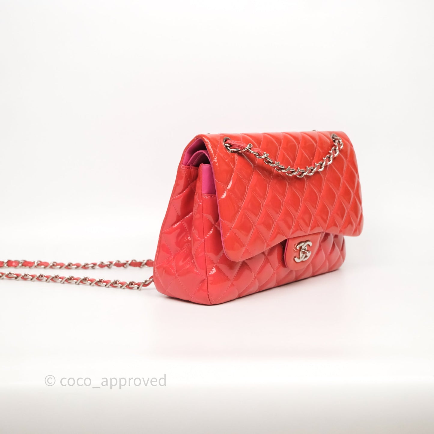 Chanel Jumbo Double Flap Red Orange Patent Silver Hardware⁣⁣