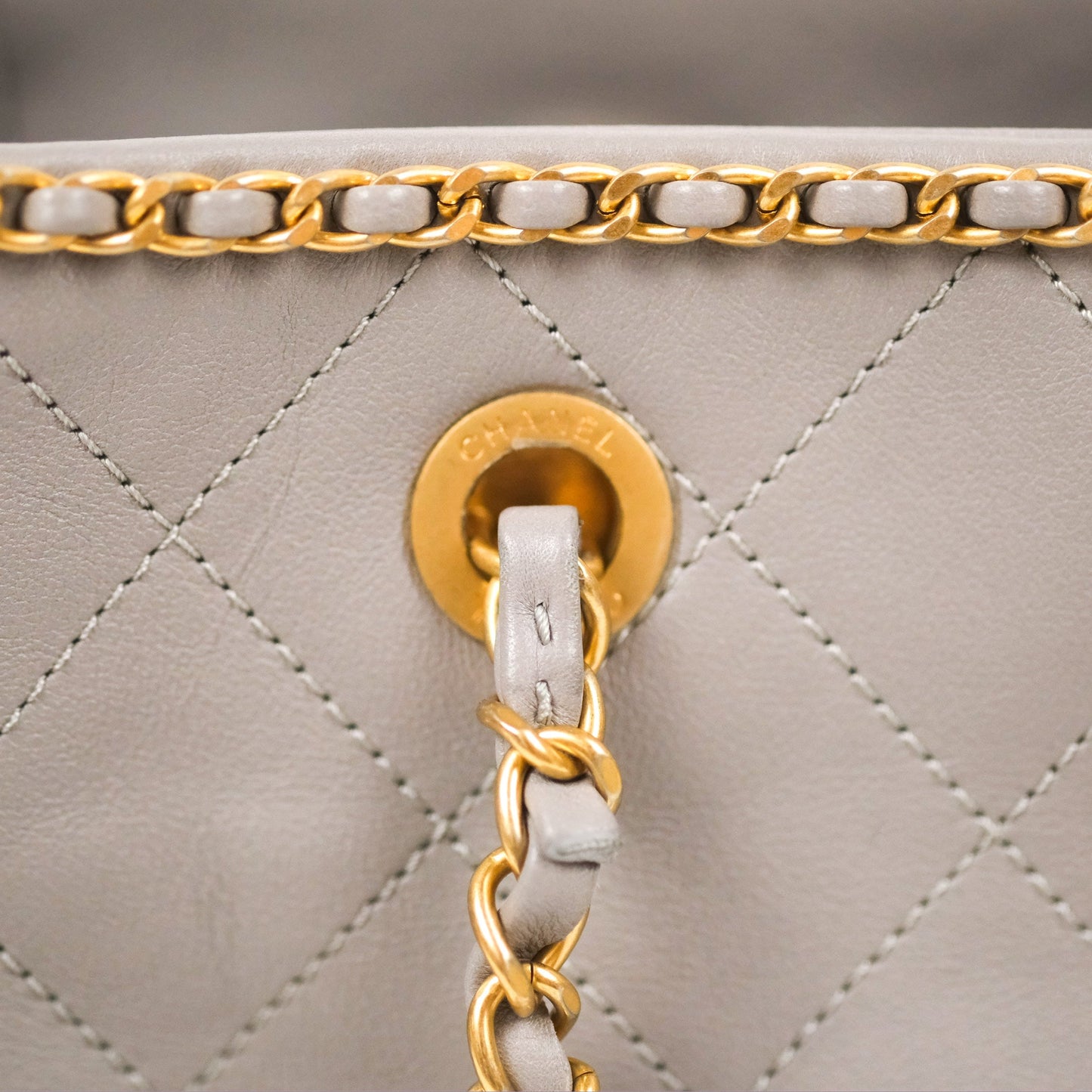 Chanel Small Chain Around Shopping Tote Grey Calfskin Aged Gold Hardware