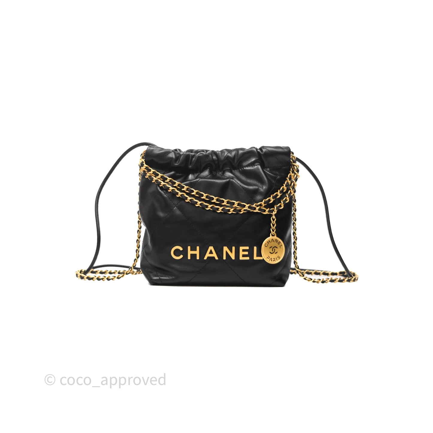 Chanel 22 Mini Bag Black Shiny Crumpled Calfskin Aged Gold Hardware