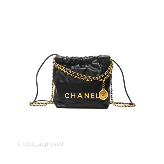 Chanel 22 Mini Bag Black Shiny Crumpled Calfskin Aged Gold Hardware