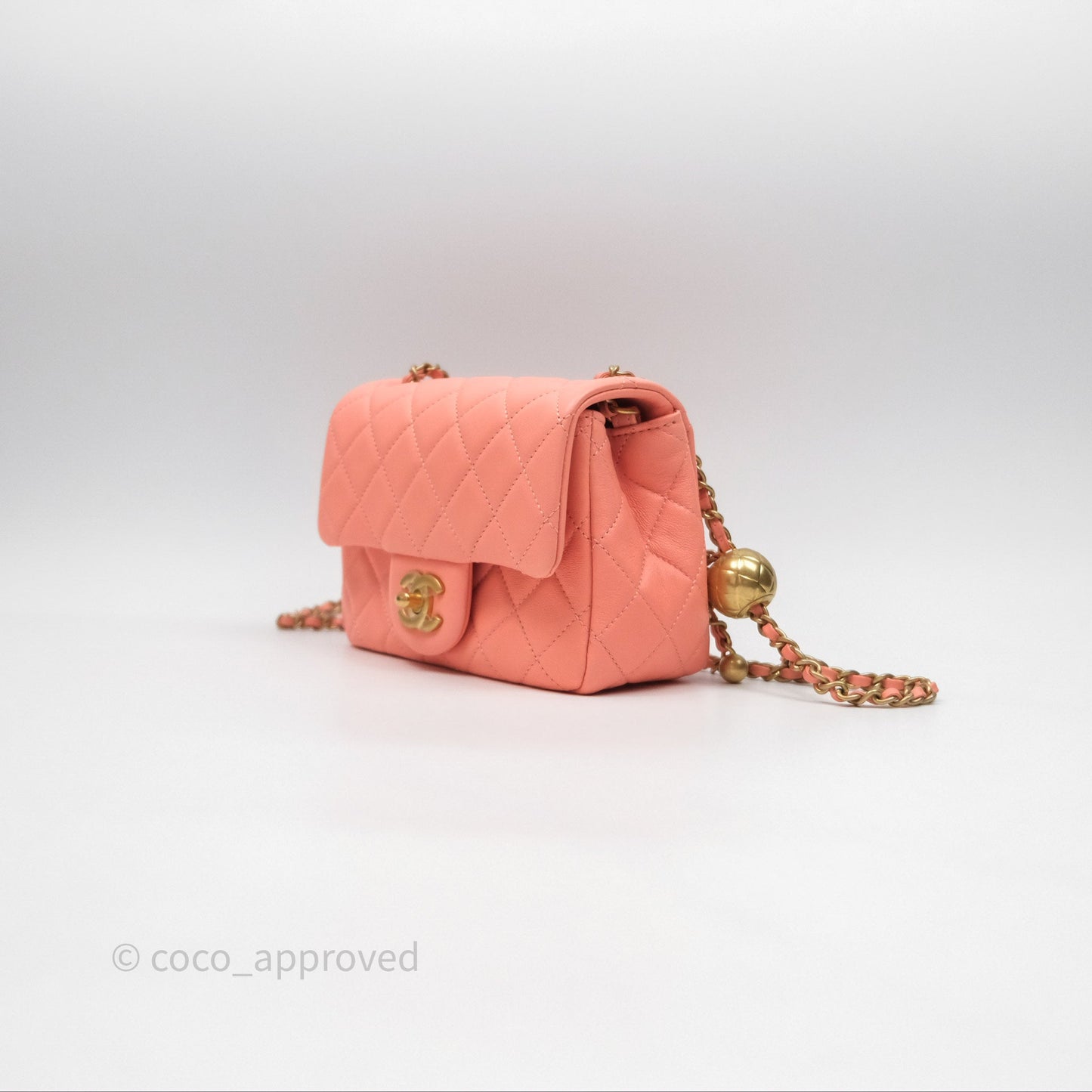 Chanel Pearl Crush Mini Square Quilted Peachy Pink Lambskin Aged Gold Hardware