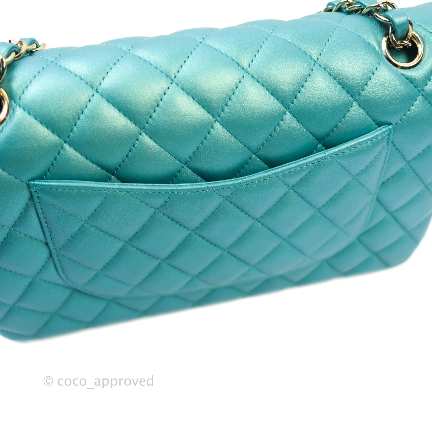 Chanel Classic M/L Medium Double Flap Iridescent Turquoise Calfskin Gold Hardware