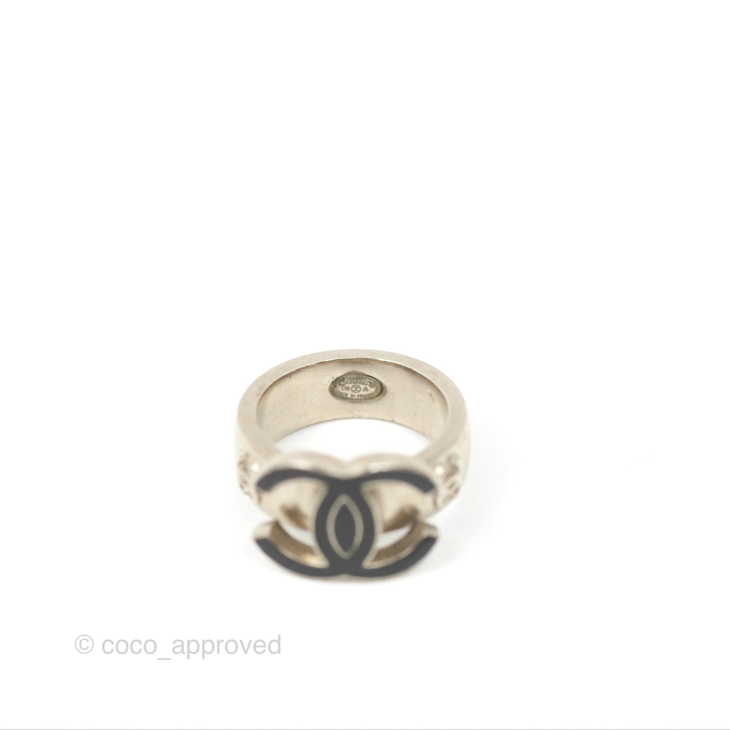 Chanel Black CC Ring Brushed Silver Tone 08A