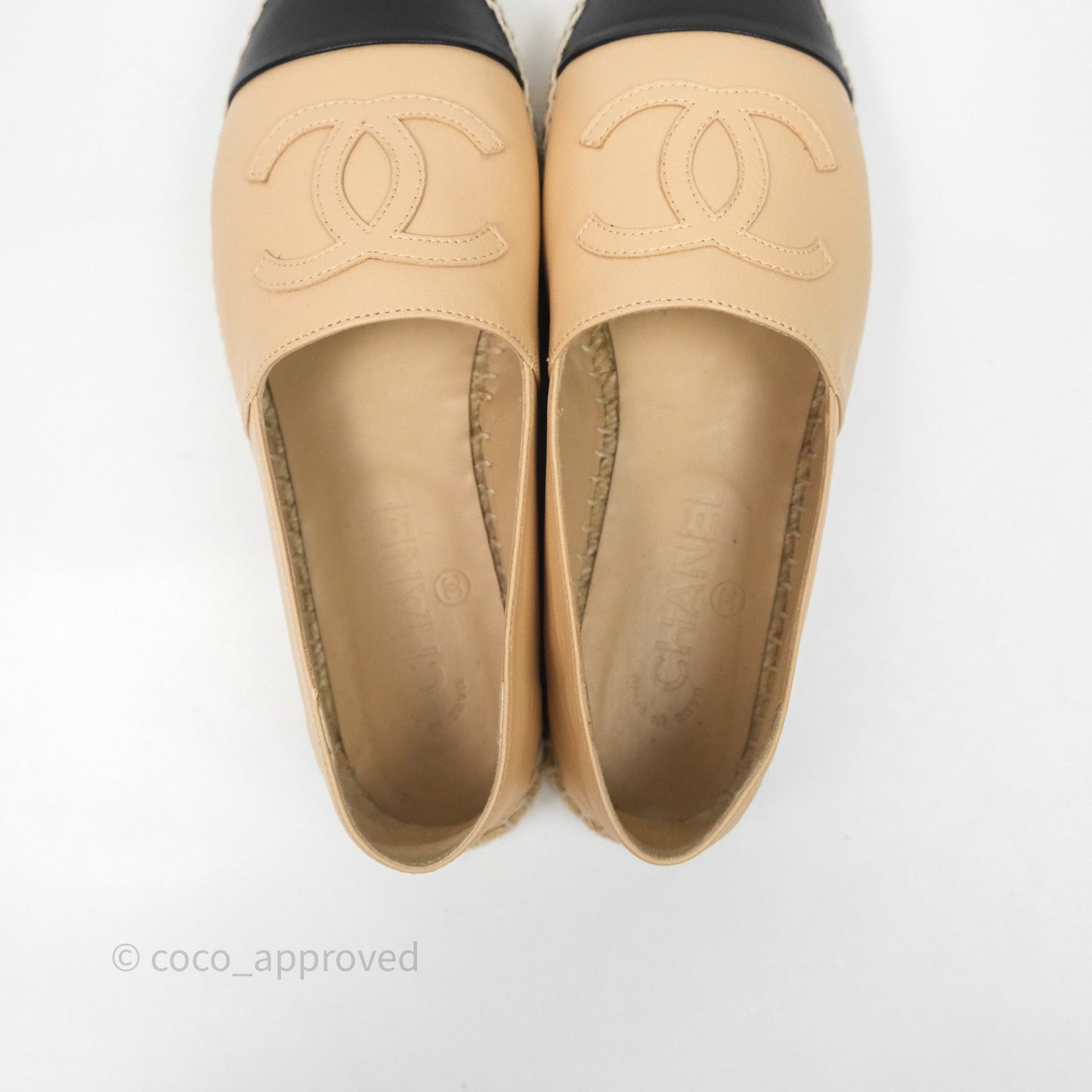 Chanel CC Espadrilles Beige Black Lambskin Size 36